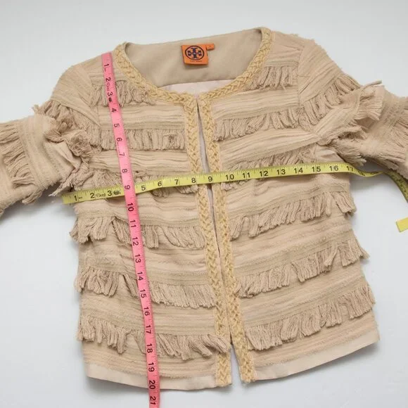 Tory Burch Julian Fringe Jacket Statement Coat Evening Silk Khaki Nude Size 2 - Picture 8 of 8